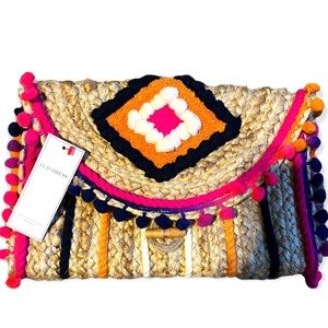 Boho Rattan Clutch with poms and yarn detail STUNNING